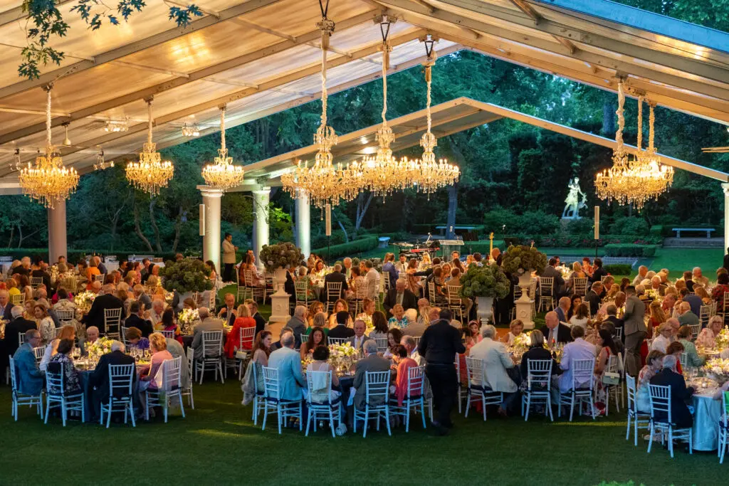 For the 2024 Bayou Bend Garden Party weekend, the vast tent was dressed in crystal chandeliers. (Photo by Jenny Antill) 