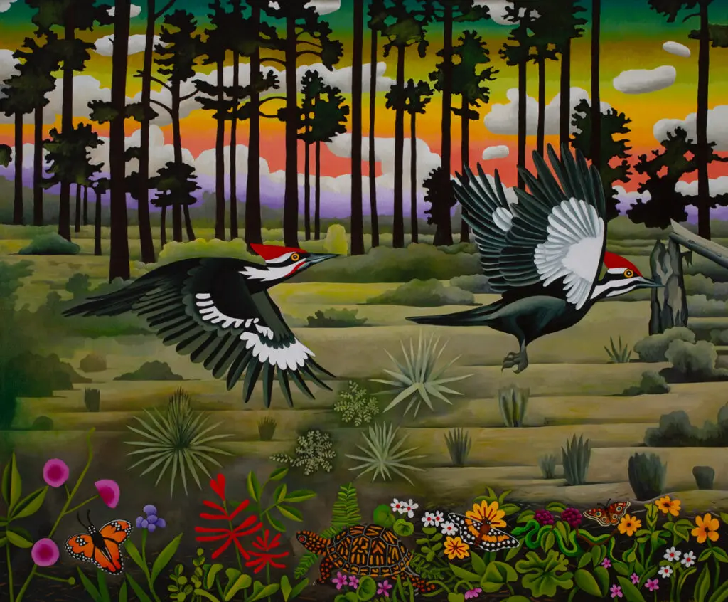 Billy Hassell's "Pileated Woodpeckers and Long Leaf Pines," 2023, at Conduit Gallery