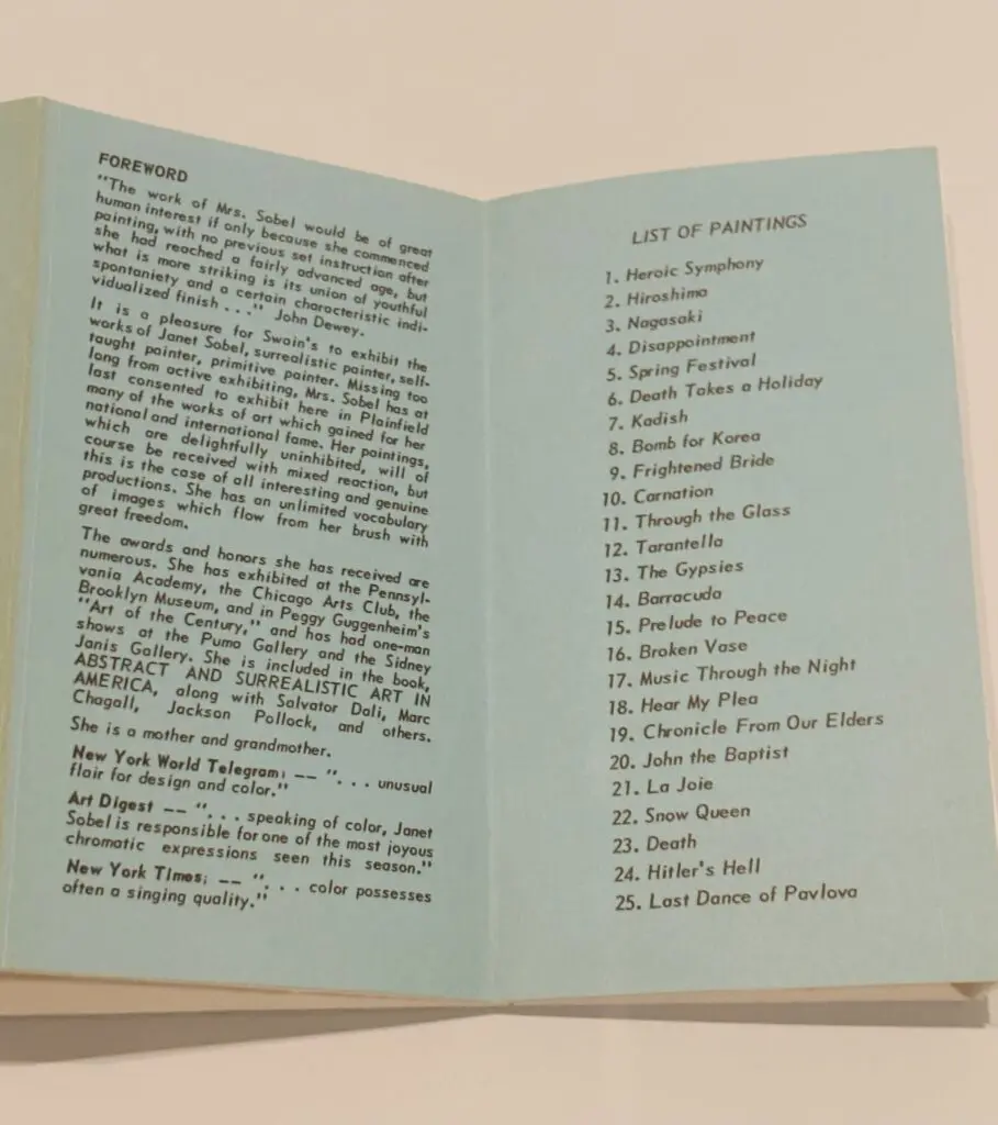 The interior of a catalogue for a Janet Sobel exhibit in Plainfield, New Jersey.