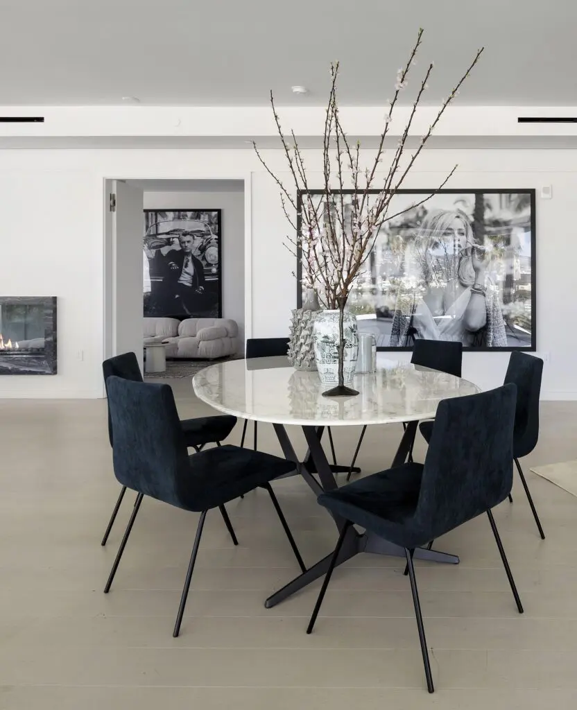 The Nina Magon/BeDesign Balmain installation in Beverly Hills: Maxalto Astrum dining table, Ligne Roset Tv dining chair and metal base (Photo by Ryan Lahiff)