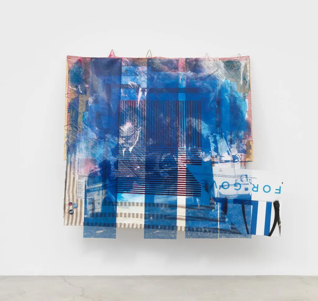 Tomashi Jackson's "Ecology of Fear (Gillum for Governor of Florida) (Freedom Riders bus bombed by KKK)," 2020, at Museum of Fine Arts, Houston. This collage was acquired by the Guggenheim Museum in 2021. (Courtesy Tomashi Jackson, Tilton Gallery and the Guggenheim Museum, New York)