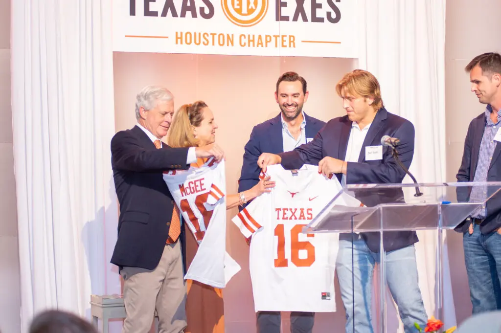 Honorees Skip & Susie McGee, Justin Moore, Jett Bush, Dallas Griffin at the Texas Exes Longhorn Legacy Scholarship Gala (Photo by Jacob Power)