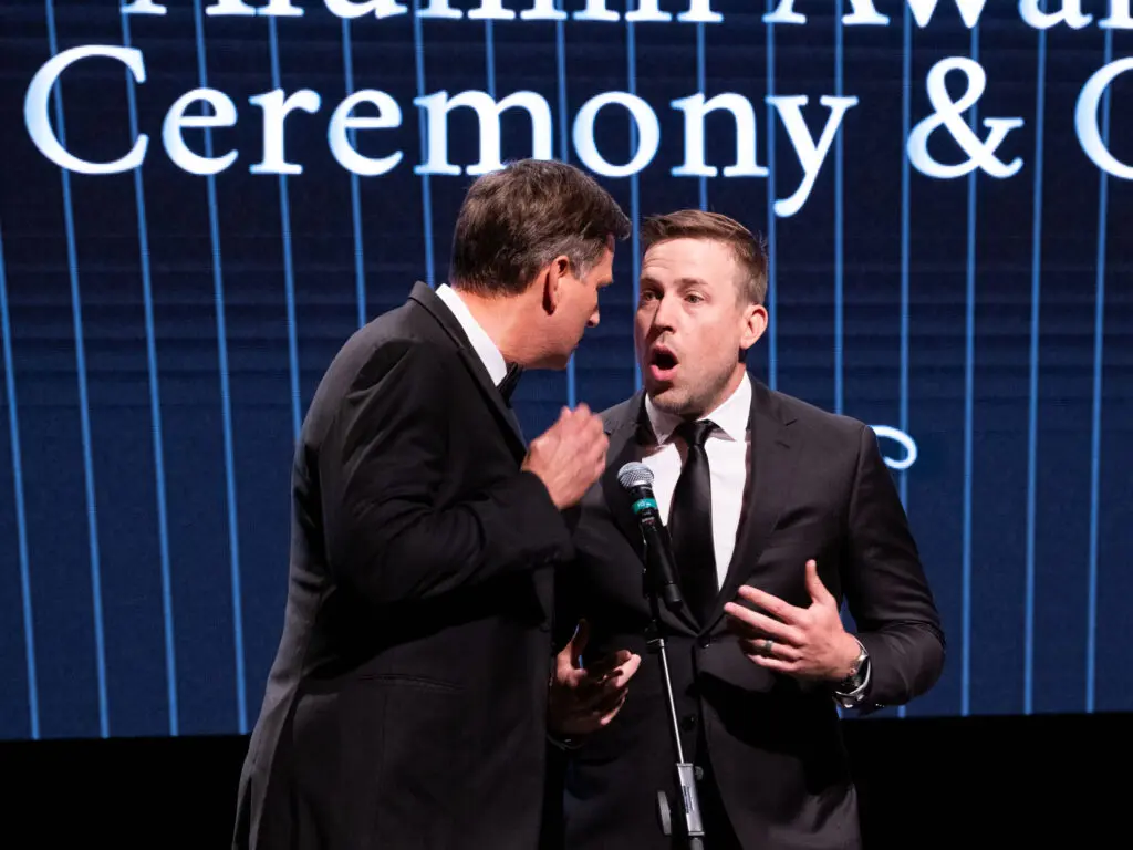Reid Gettys and Case Keenum introduced Mark Berman to great comedic effect at the UH Alumni Awards.  (Photo by F. Carter Smith)