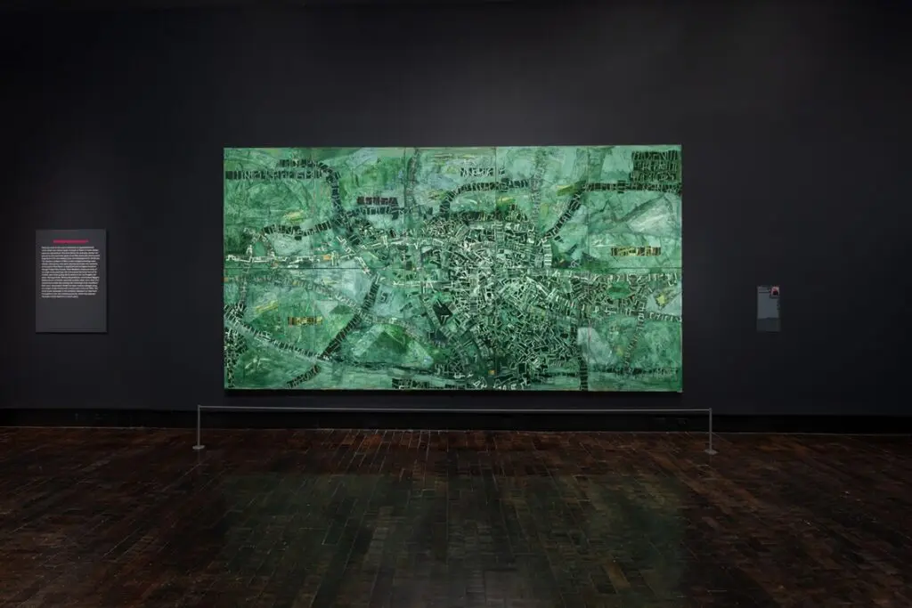 An installation view of Rick Lowe's "Black Wall Street Journey #2," 2020, at the Frist Art Museum in Nashville Tennessee. This collage also appears in the "Multiplicity: Blackness in Contemporary American Collage" exhibit at the Museum of Fine Arts, Houston through May 12. (Photo by John Schweikert, Courtesy Rick Lowe Studio and Gagosian Gallery, New York City)