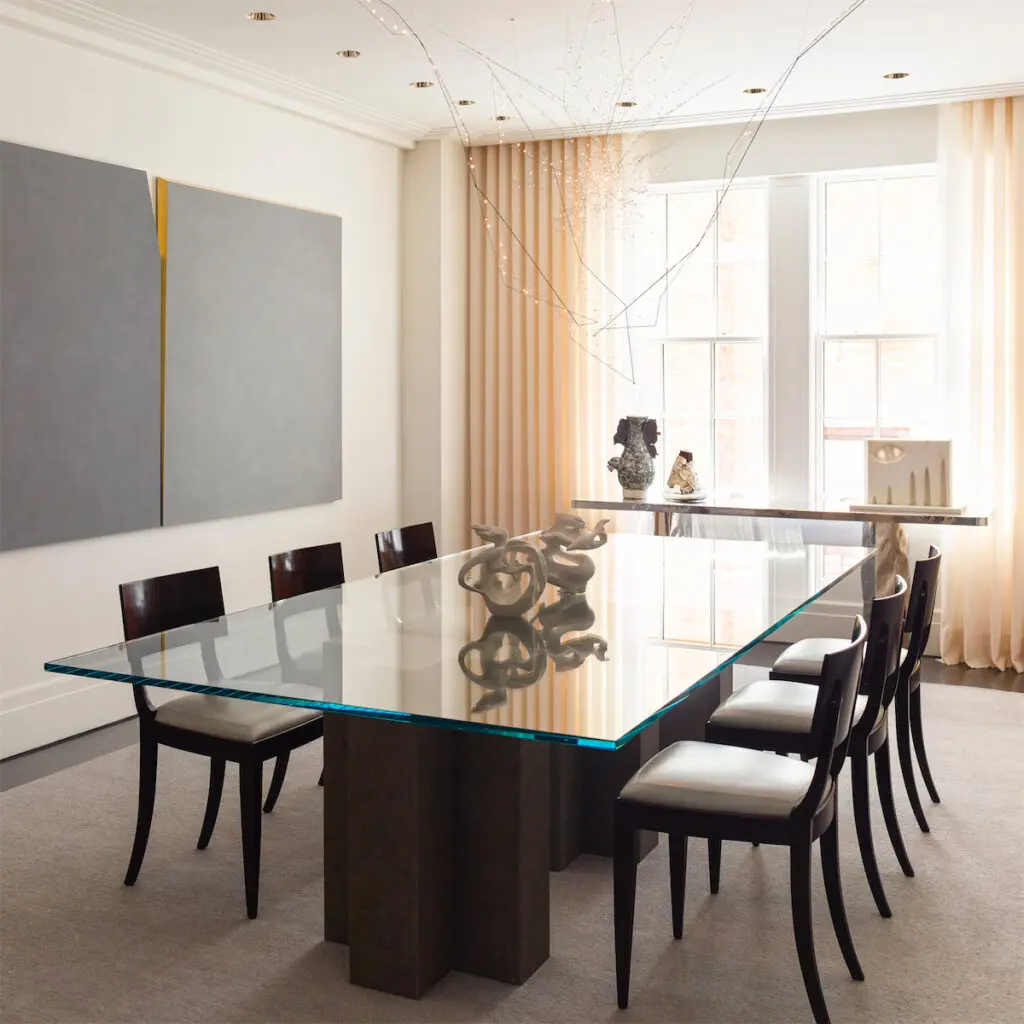 Emily Summers Design Associates custom stone-base table. Solid bronze console by William P. Sullivan. Ettore Spalletti diptych. (Photo by Eric Piasecki)