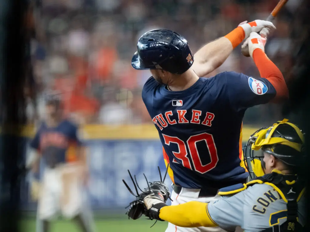 Astros outfielder Kyle Tucker is almost swinging in another dimension these days, hearing well deserved MVP chants. (Photo by F. Carter Smith)