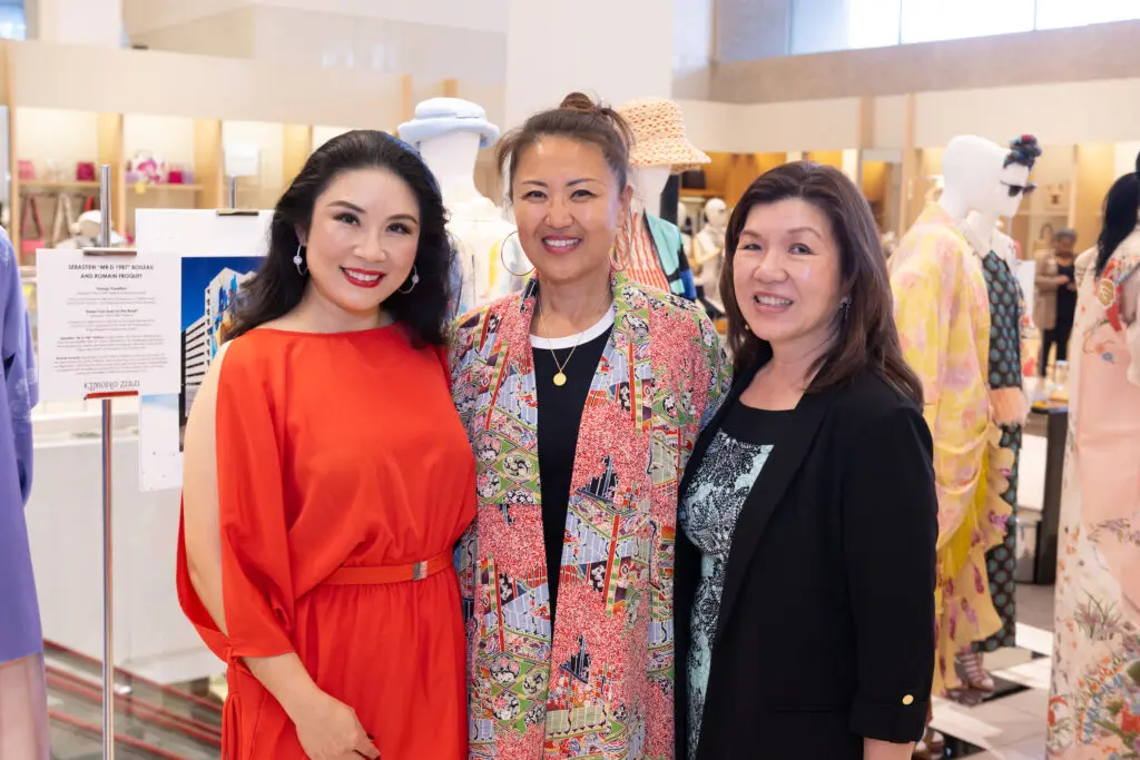 Christina Zhou, Vivienne Kwon, Barbara Joe at Kimono Zulu fashion exhibition at Neiman Marcus (Photo by Wilson Parish