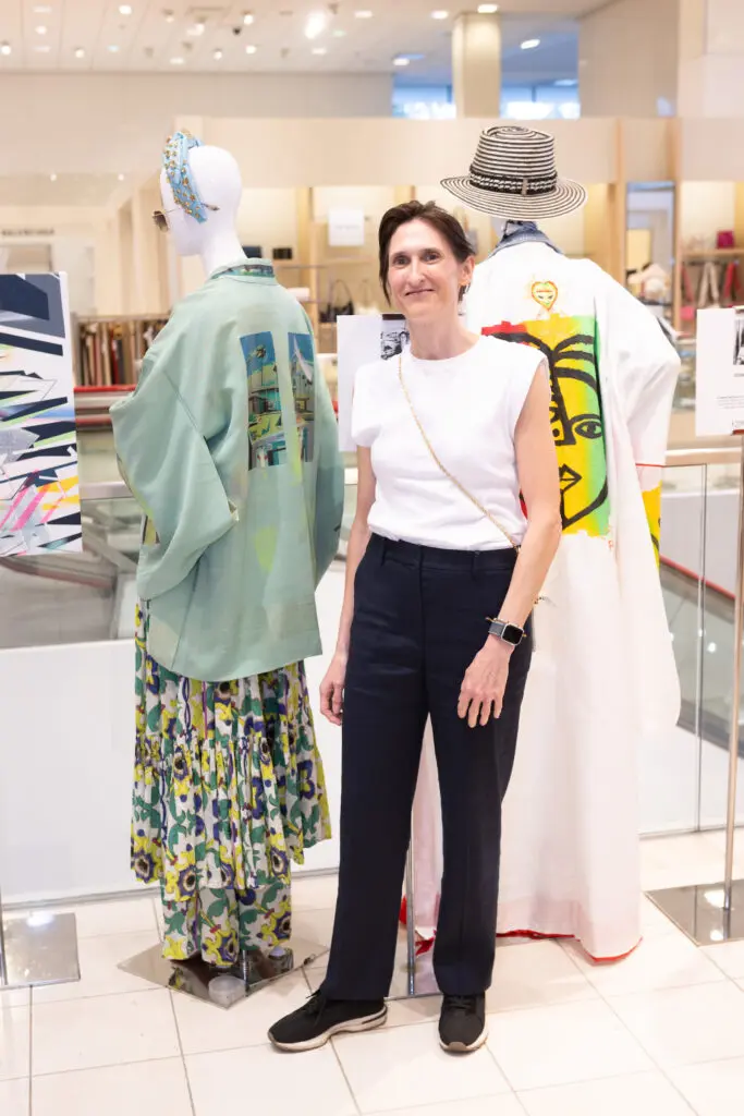 Emilie Duval with her 'Elysium, the Digital Pattern II' kimono design at Kimono Zulu fashion exhibition at Neiman Marcus (Photo by Wilson Parish)