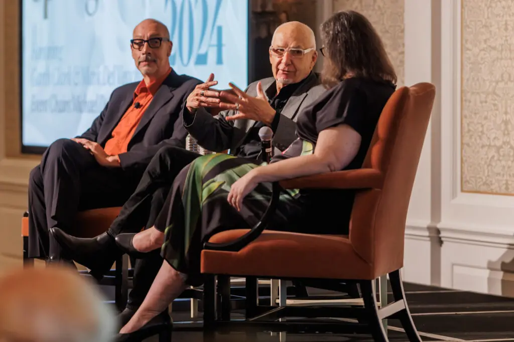 Honorees Mark Del Vecchio & Garth Clark chat collecting with MFAH curator Cindi Strauss at Houston Center for Contemporary Craft Spring Luncheon 2024 (Photo by Katy Anderson