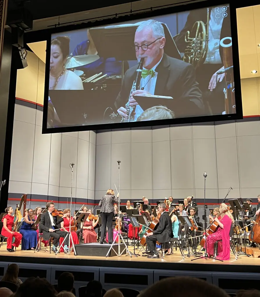 JoAnn Falletta conducting ROCO, Nathan Williams on clarinet, April 2024 (Photo by Greta Rimpo)