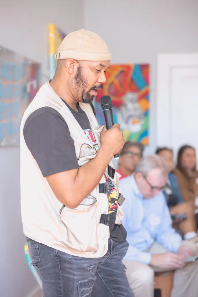 Outspoken Bean, also known as Emanuelee Bean, shares his ideas at the Luckie Schoolhouse roundtable (Photo by Luz Rodriguez)