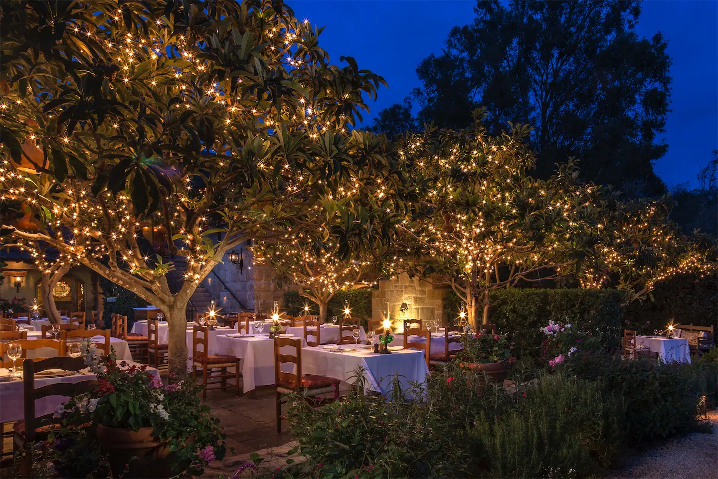 With its usually ideal California temperatures, San Ysidro Ranch's patio dining is a dreamy scene.