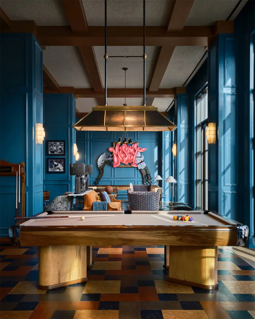 Pop artist HIJACK and an art deco pool table are featured in the Billet Room at Bowie House.
