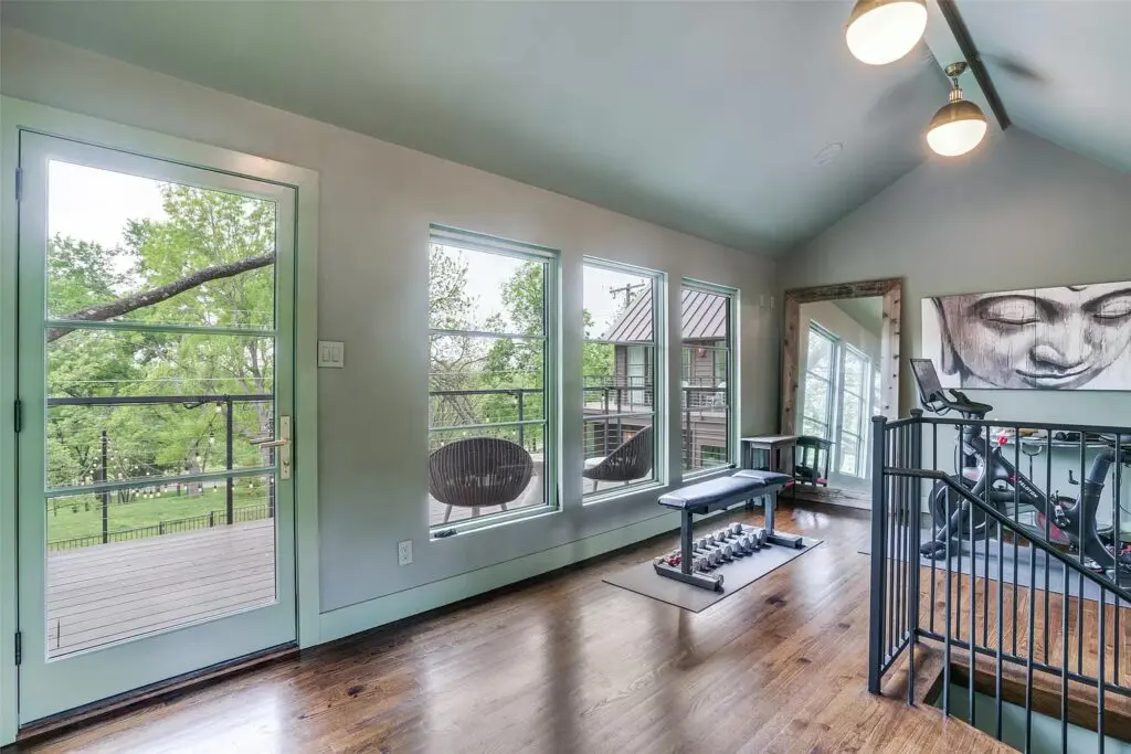 A landing being used as a home gym.