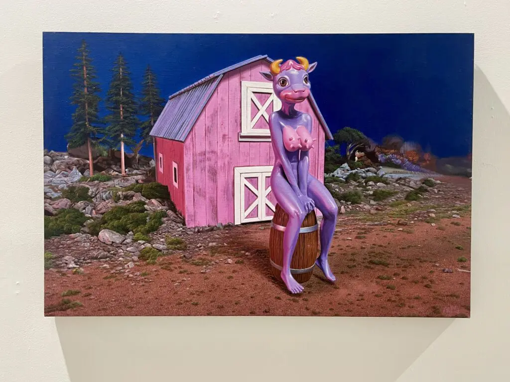 Ron English's "Cathy Cowgirl’s Pink Barn," 2011. This piece is part of English's "Texas: Naturally Surreal," on view at Ro2 Art Gallery. (Photo by Ro2 Gallery)