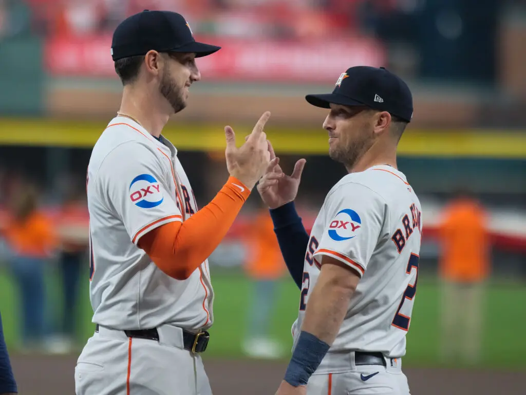 Kyle Tucker and Alex Bregman are still celebrating big Astros moments together. (Photo by F. Carter Smith)