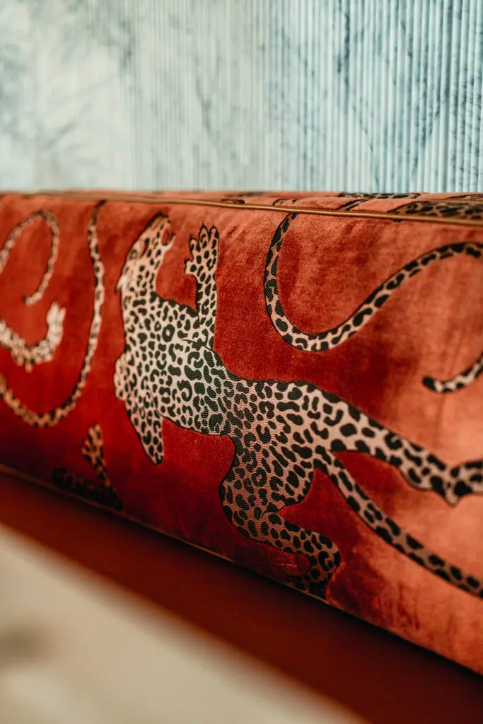 Leopards on the velvet banquettes at Berg Hospitality Group's Tavola, designer Gail McCleese detailing at work