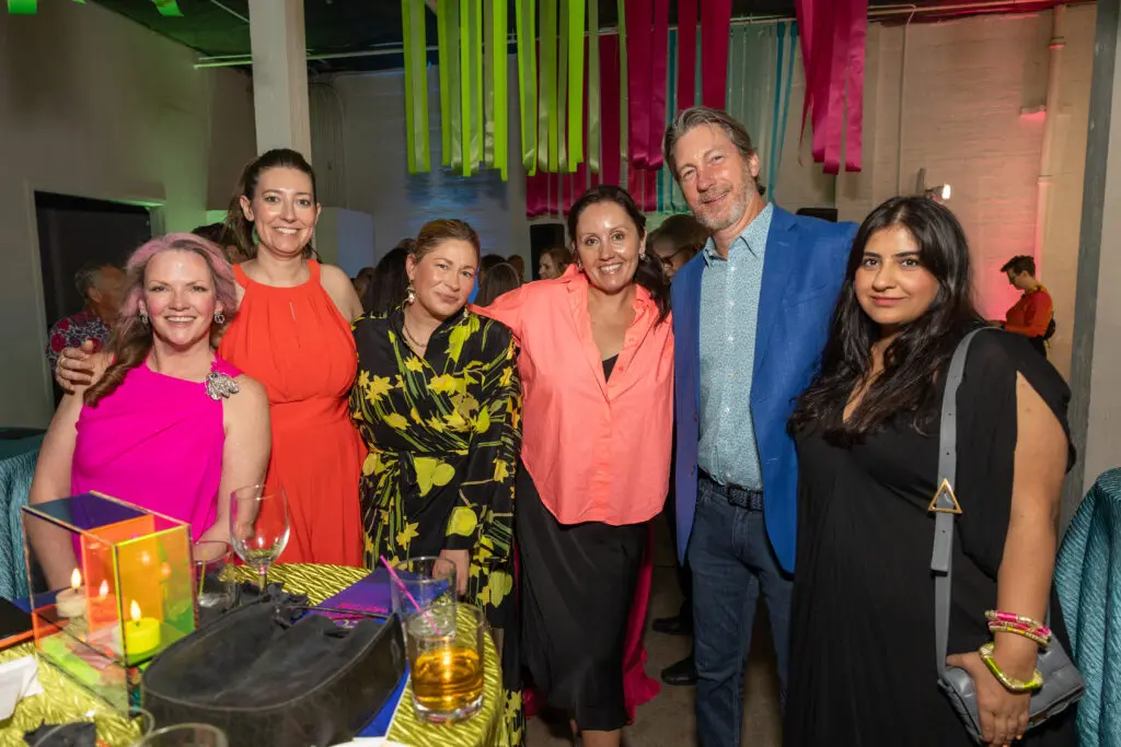 Eleanor Williams, Katy O’Neal, Julie Cushman, Becky Restum, Scott Restum, Sanaa Sahi at the 2024 Glasstire Party and Auction (Photo by Jenny Antill)