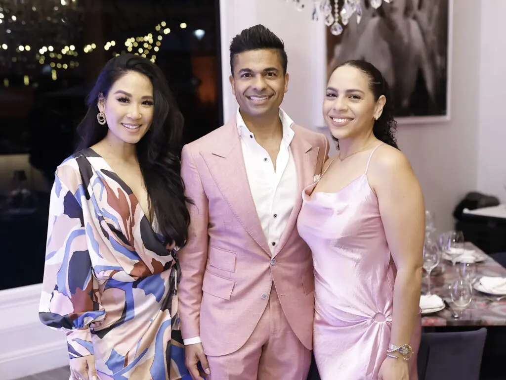 Samantha Huang, Veeral Rathod, Lydia Velez Gonzalez at the American Cancer Society 'Men Wear Pink' event at PostScript (Photo by Quy Tran)