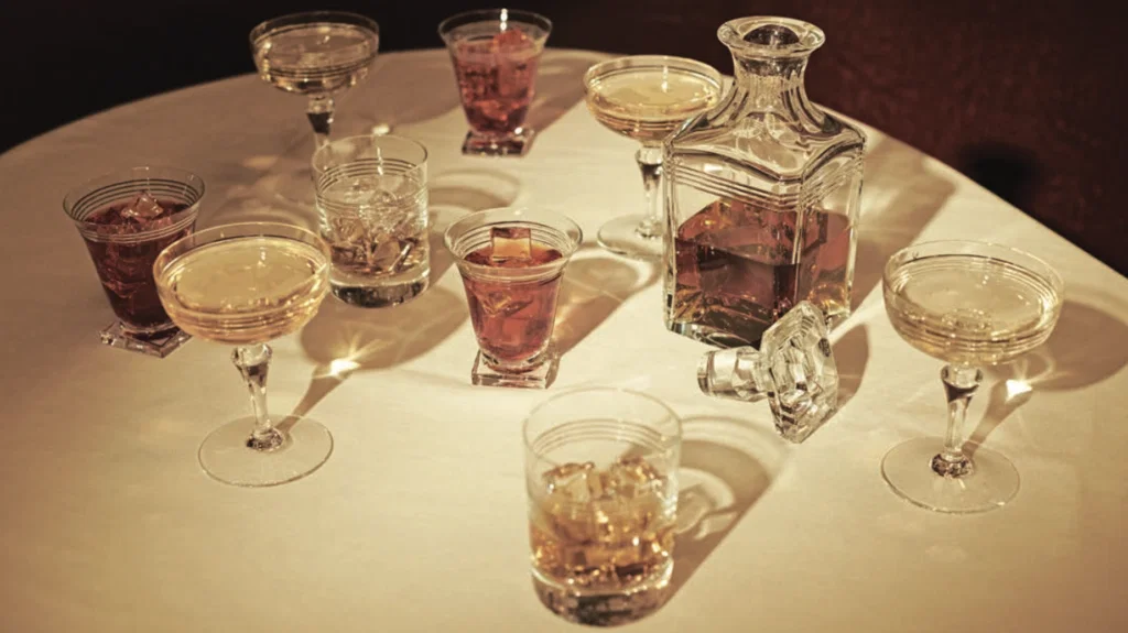 Thom Browne’s yacht glasses, coupe, whiskey glasses, and whiskey carafe for Baccarat.