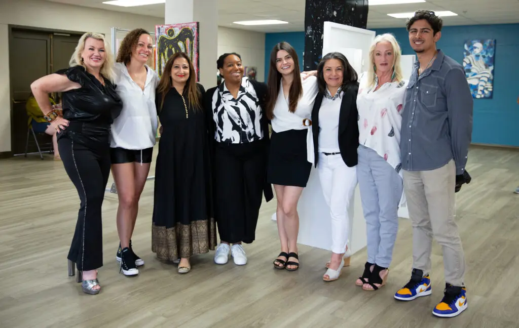 Teresa Staley, Nicole Durham, Pooja Taneja, Brittany Ellis, Laura Bennett, Nancy Ofori, M E Klesse, and J.P. Zenturo at Heights Church Artifex Gallery. (Photo by Derik J. Mercado)