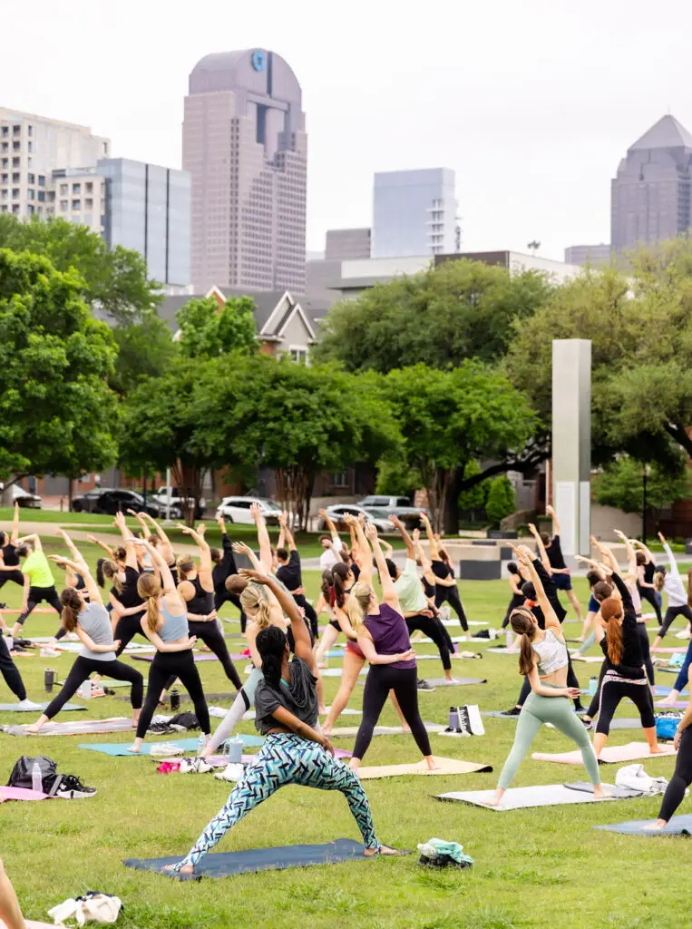 Yoga in Griggs Park encourages residents and tenants to get outdoors and enjoy.
