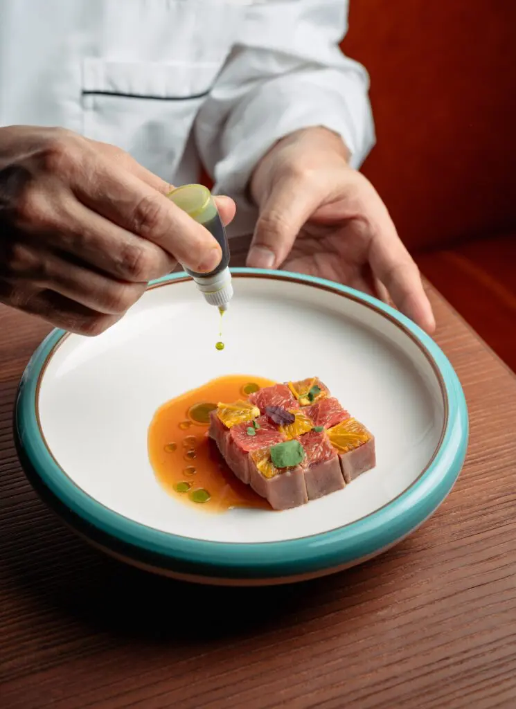 An intricate preparation of zuke maguro crudo awaits at Molihua at The Blossom Hotel. (Photo by Brian Kennedy)