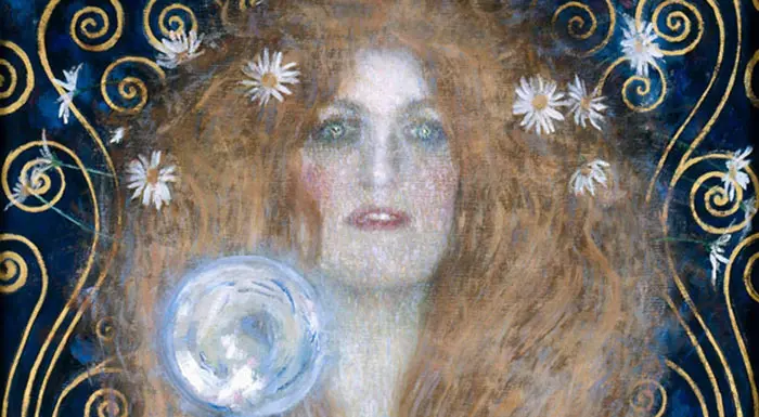 Gustav Klimt's "Nuda Veritas [detail]," 1899, inspired Houston-based artist Alexis Pye while she painted her self portrait "Im Just Looking for the Truth," 2024.