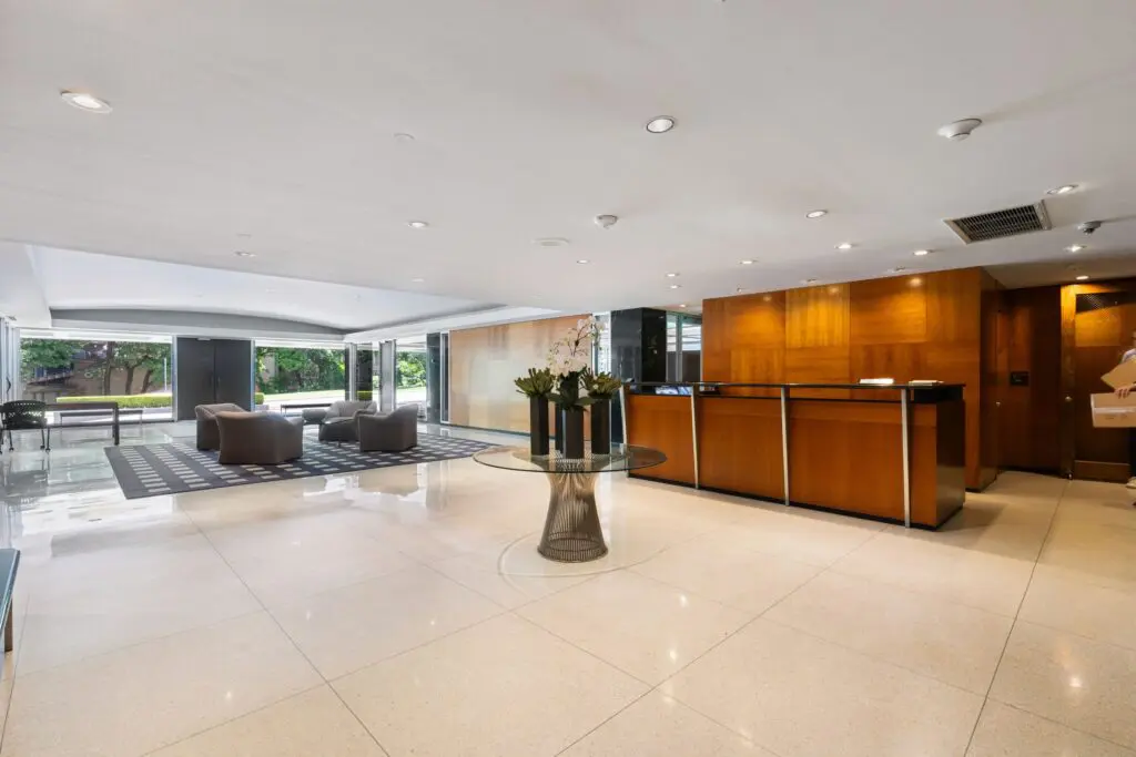 The lobby of the iconic mid-century modern Gold Crest building along Turtle Creek Boulevard in Dallas. 