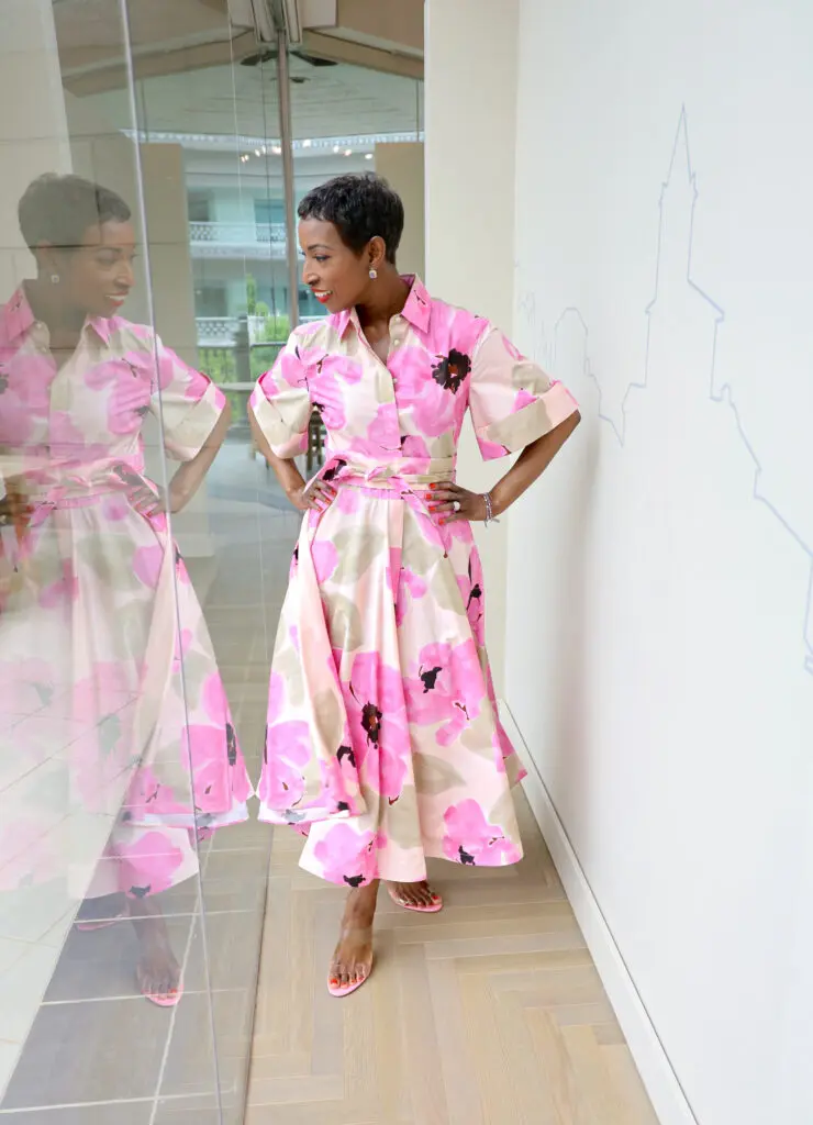 This cool and chic Sara Roka pink floral dress from Stanley Korshak is perfect for any daytime event during the summer.