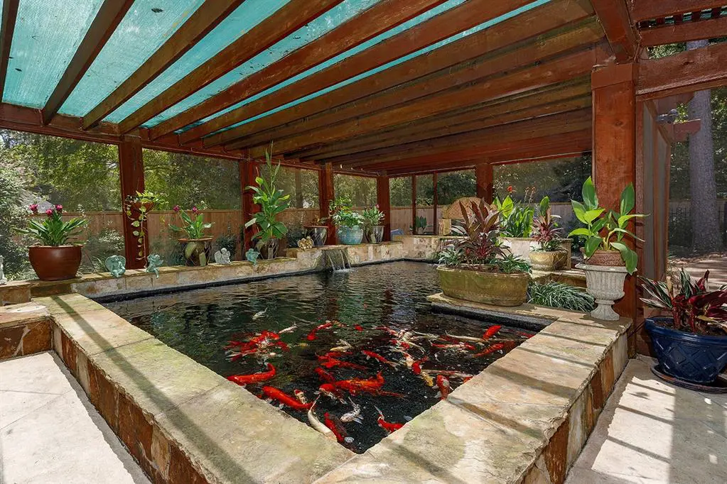 The tropical fishpond is one of the quirky features of the home. 
