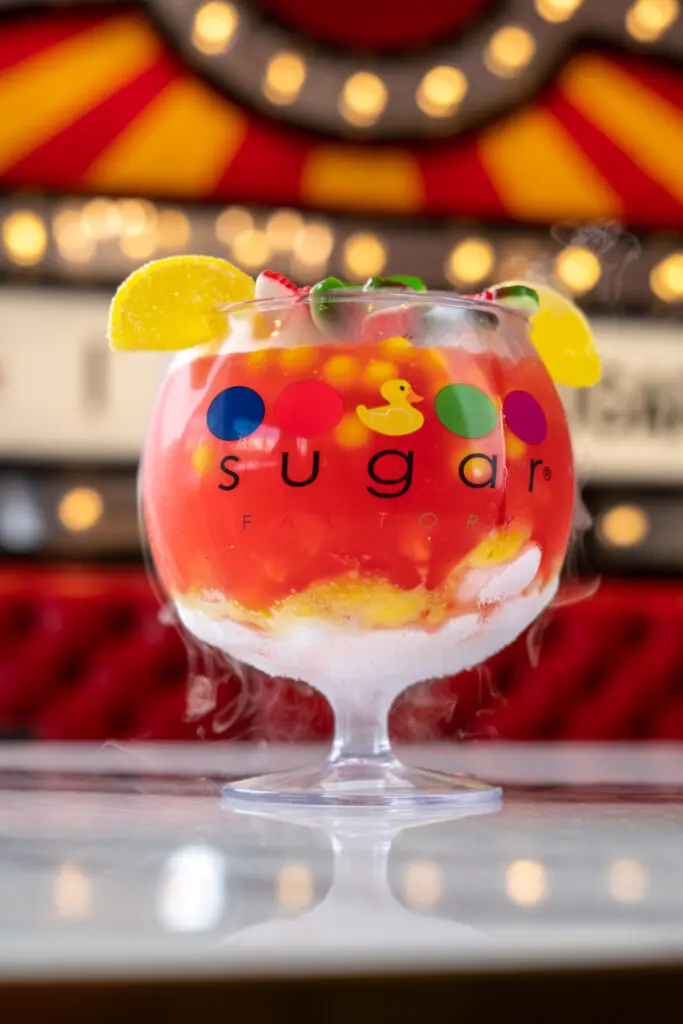The drinks-with or without alcohol-are often presented in giant “smoking candy goblets” (the smoke care of a whiff of dry ice) at The Sugar Factory.
