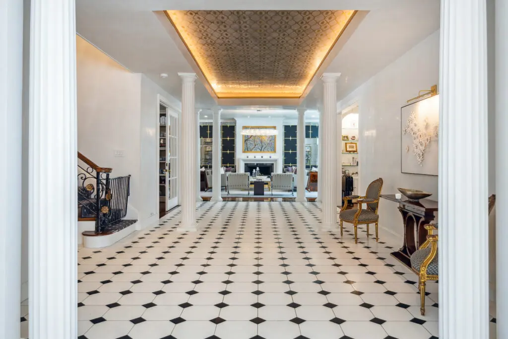 Doric columns provide a regal ambience to the residence at 2411 River Oaks Boulevard. (Photo by TK Images for Compass)
