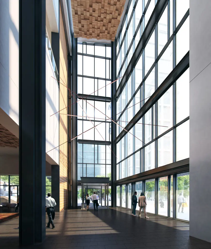 The wall of windows inside the new Fort Worth Convention Center lobby will connect visitors to downtown.