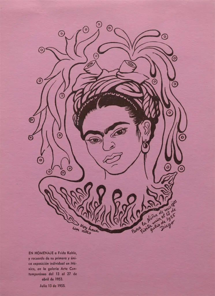 Diego Rivera, Portrait of Frida Kahlo, 1955, photogravure, private collection. © 2024 Banco de México Diego Rivera Frida Kahlo Museums Trust, Mexico, D.F. / Artists Rights Society (ARS), New York