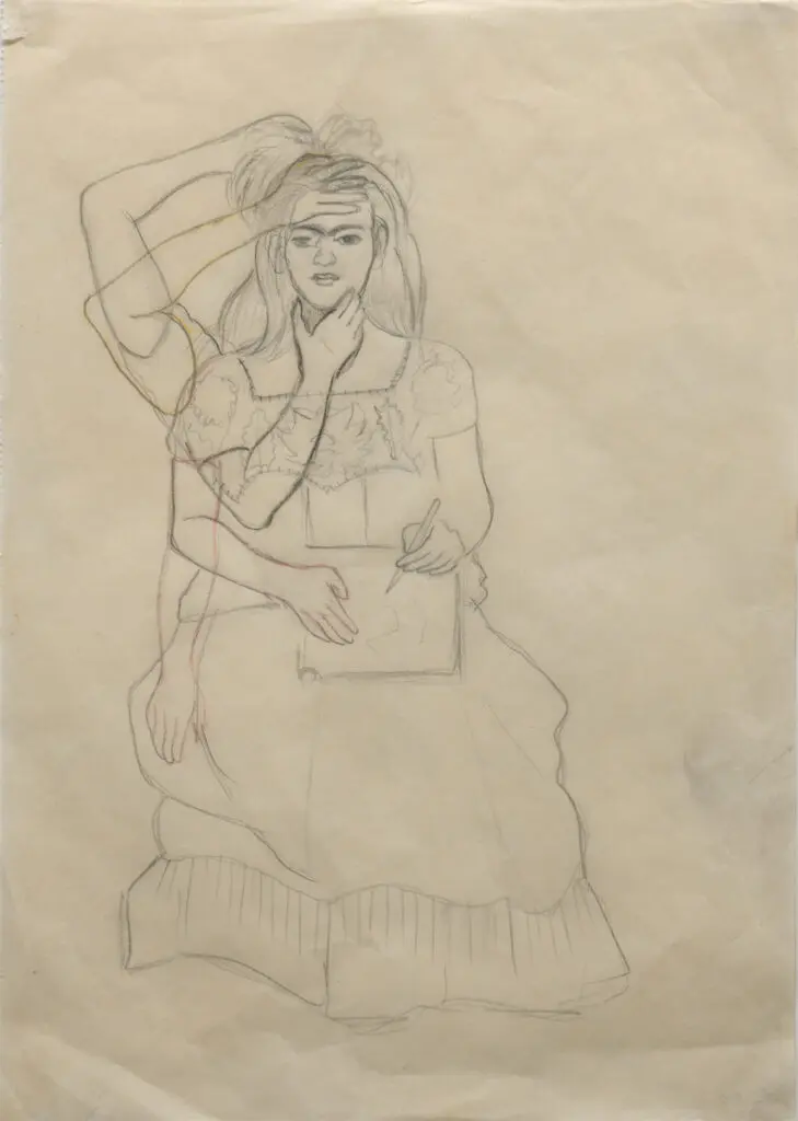 Frida Kahlo, Self-Portrait Drawing, n.d., pencil on paper, private collection. © 2024 Banco de México Diego Rivera Frida Kahlo Museums Trust, Mexico, D.F. / Artists Rights Society (ARS), New York