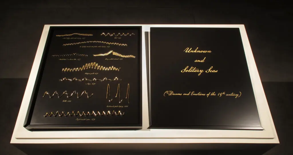 Dario Robleto's "Unknown and Solitary Seas (Dreams and Emotions of the 19th Century)" (2018) depicts the earliest waveform recordings of blood flowing from the heart and brain during sleep, dreaming and various emotional states. (Photo courtesy of Dario Robleto)