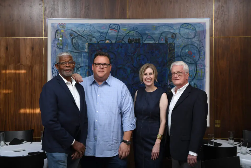 Floyd Newsum, Chris Shepherd, gallerist Nicole Longnecker and architect Jim Herd at Georgia James Steakhouse. (Photo by Jack Opatrny, courtesy Nicole Longnecker Gallery, Houston)