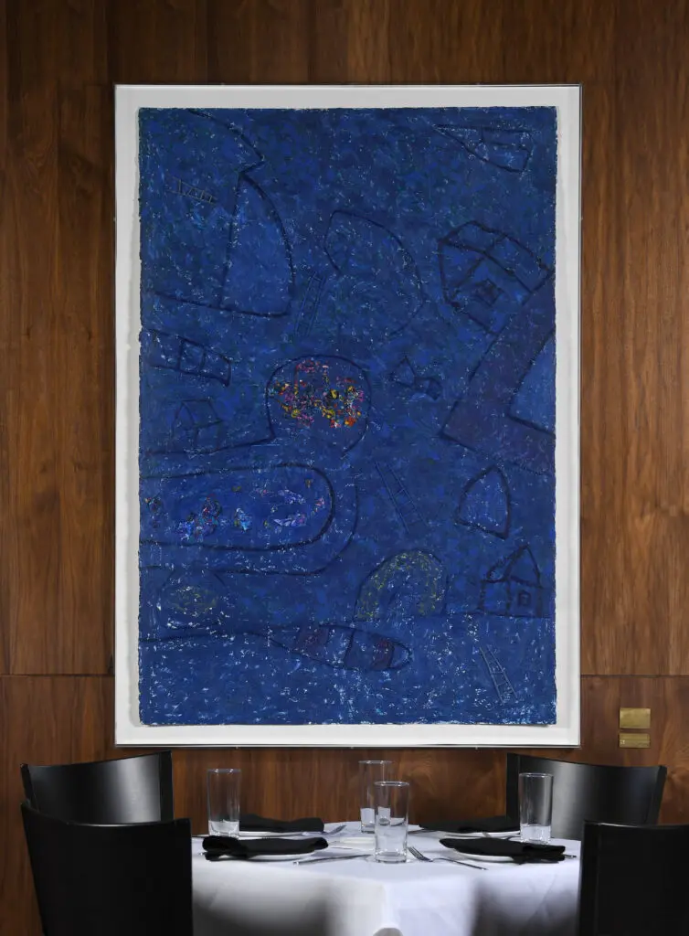 Floyd Newsum's "Four Ladders in Blue." This painting appeared at the original, Chris Shepherd-helmed Georgia James Steakhouse in Houston. (Courtesy Nicole Longnecker Gallery)