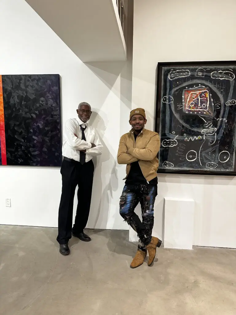 Artists Floyd Newsum and Wayne Bell Jr. attend the opening of "The Golden Ratio" exhibition at the Art Is Bond gallery. (Courtesy Art Is Bond, Houston)