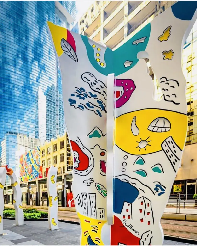 Floyd Newsum's "Planter and Stems" (2003), which are painted stainless steel sculptures in downtown Houston. (Courtesy Art Blocks and the Downtown Management District, Houston)