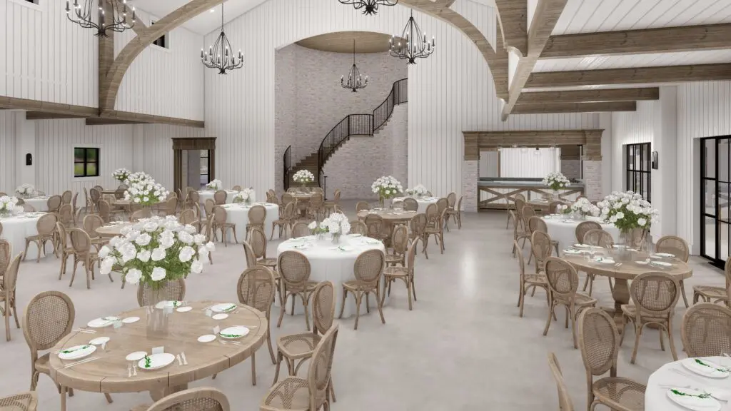 A catering area and buffet line are tucked behind the fireplace at The Blue Magnolia wedding and events venue. (Courtesy of The Blue Magnolia)
