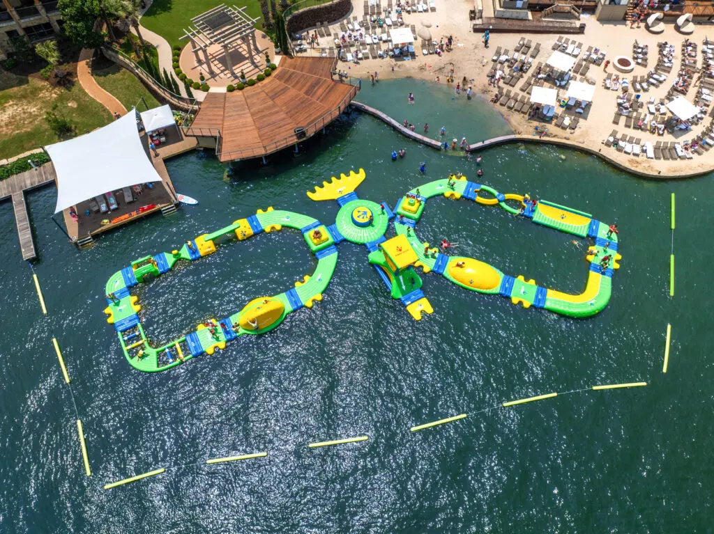 The Splash Safari Aqua Park features climbing walls, slides, balance beams and more.