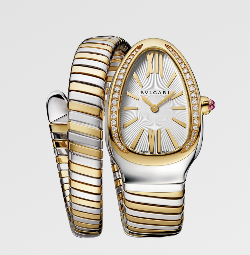 Bvlgari Serpenti Tubogas Stainless Steel, 18K Yellow Gold, & Diamond Single-Spiral Watch, available at Zadok Jewelers and Eiseman Jewels. 