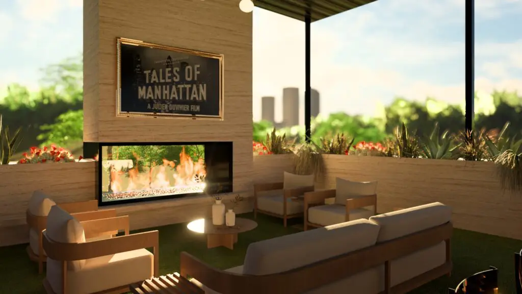 Patio dining and lounging at The Mont - opening this winter at the gates of Montserrat.