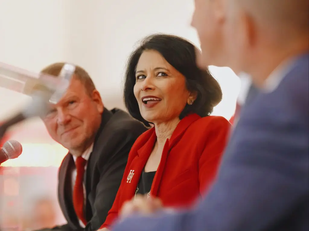 Tilman Fertitta, Renu Khator and new University of Houston athletic director Eddie Nunez are intent on doubling UH's athletics budget, as first reported by PaperCity.