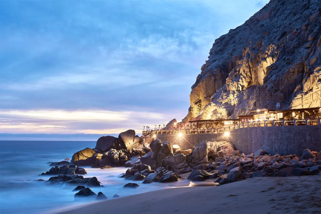 The iconic El Farallon restaurant, built into the cliffside at the Waldorf Astoria Los Cabos Pedregal.