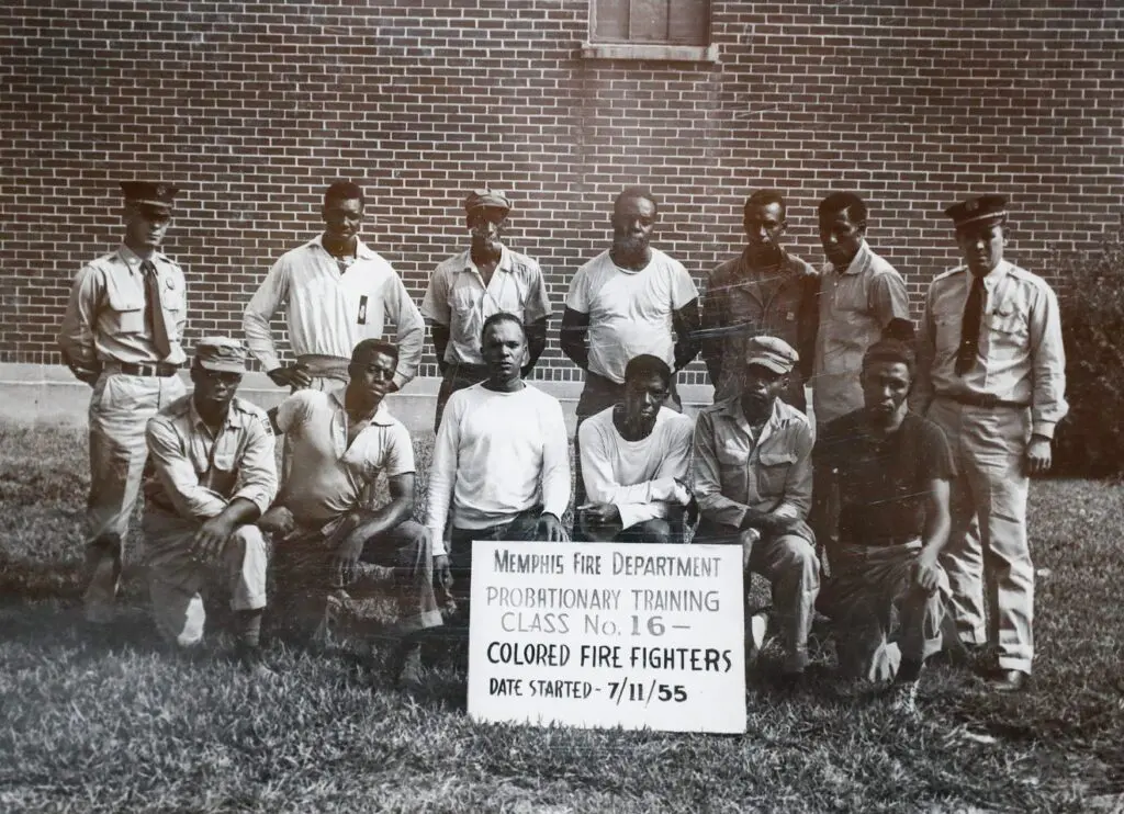 Floyd Newsum Sr. (bottom row, third from right) was one of 12 pioneering Black firefighters in Memphis, Tennessee. Their unit was founded in 1955, and Newsum Sr. was the last surviving member when he passed away in 2019. (Courtesy the Newsum family)