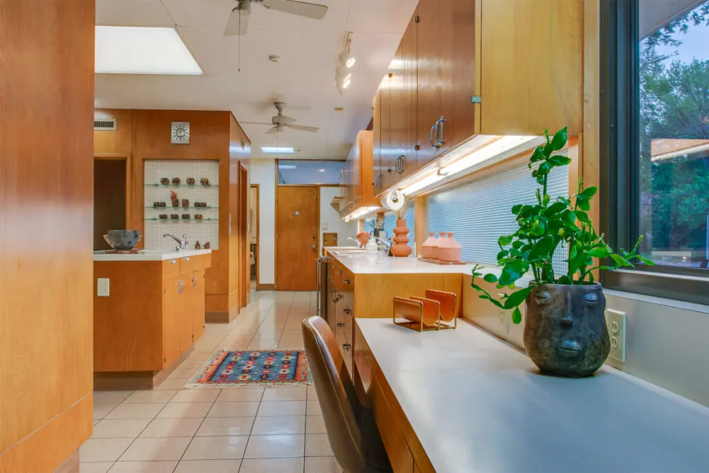 A desk area in the kitchen.