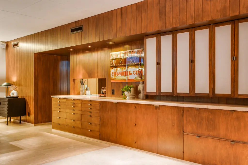 Rows of built-ins in the form dining area.